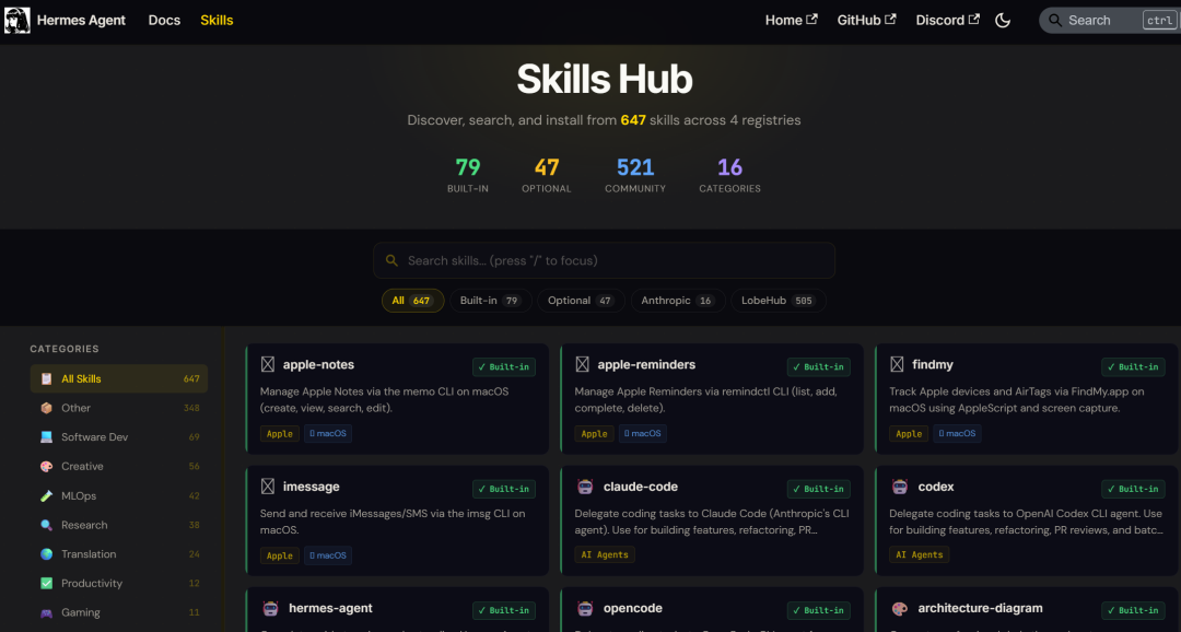 Hermes 技能分类图