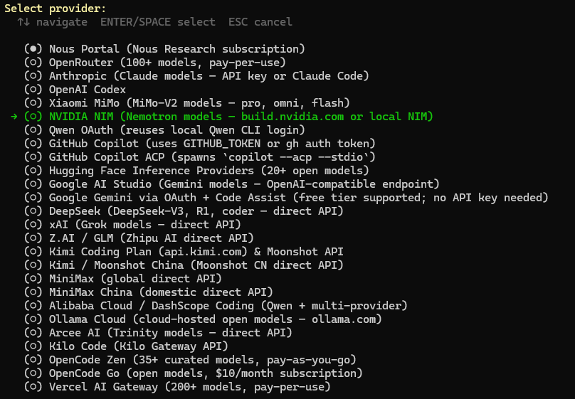 Hermes 选择 NVIDIA NIM 选项