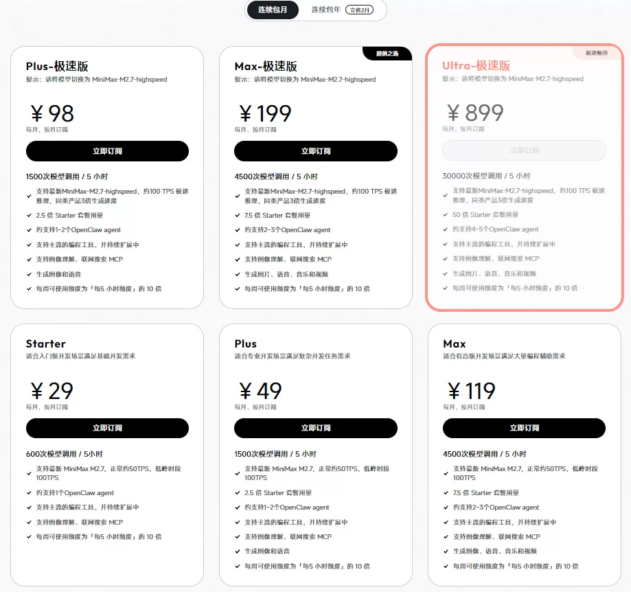 MiniMax TokenPlan 套餐