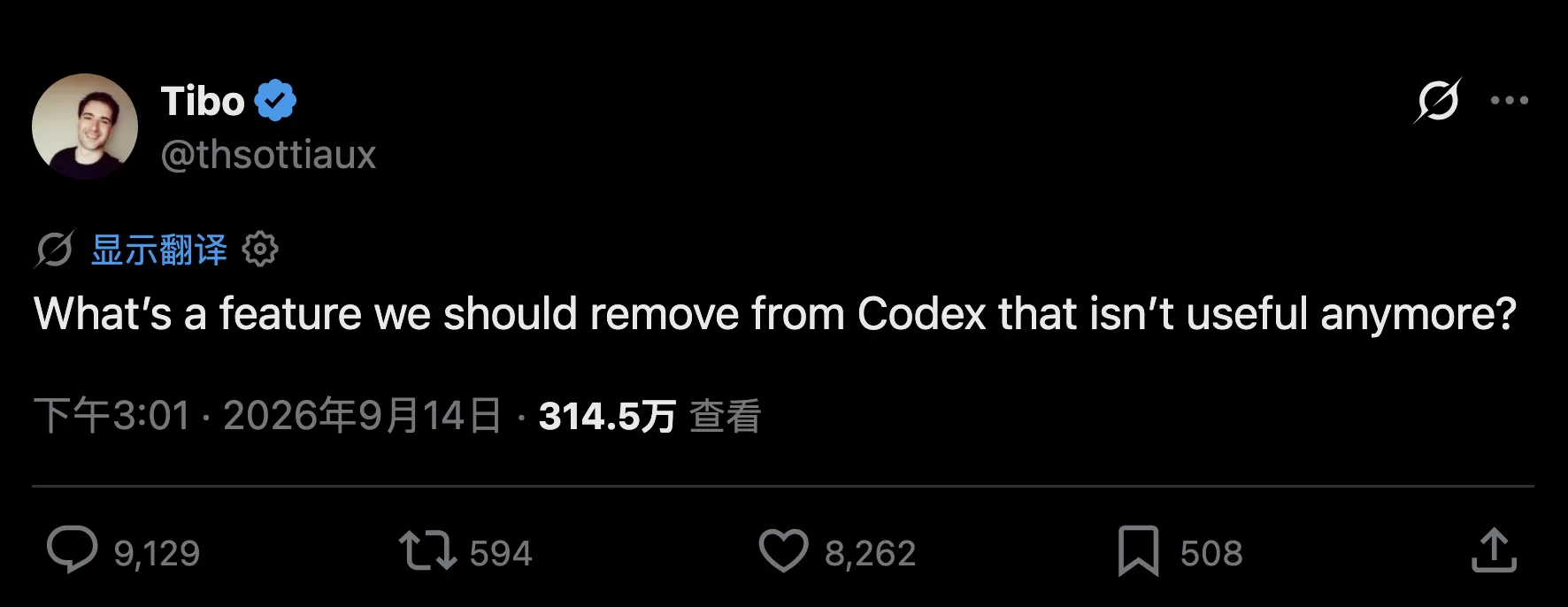 原帖截图,显示 314.5 万次查看和 9129 条回复