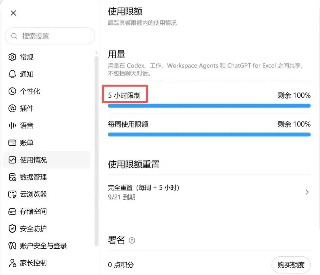 用量页面显示 5 小时限制、每周限额和重置选项