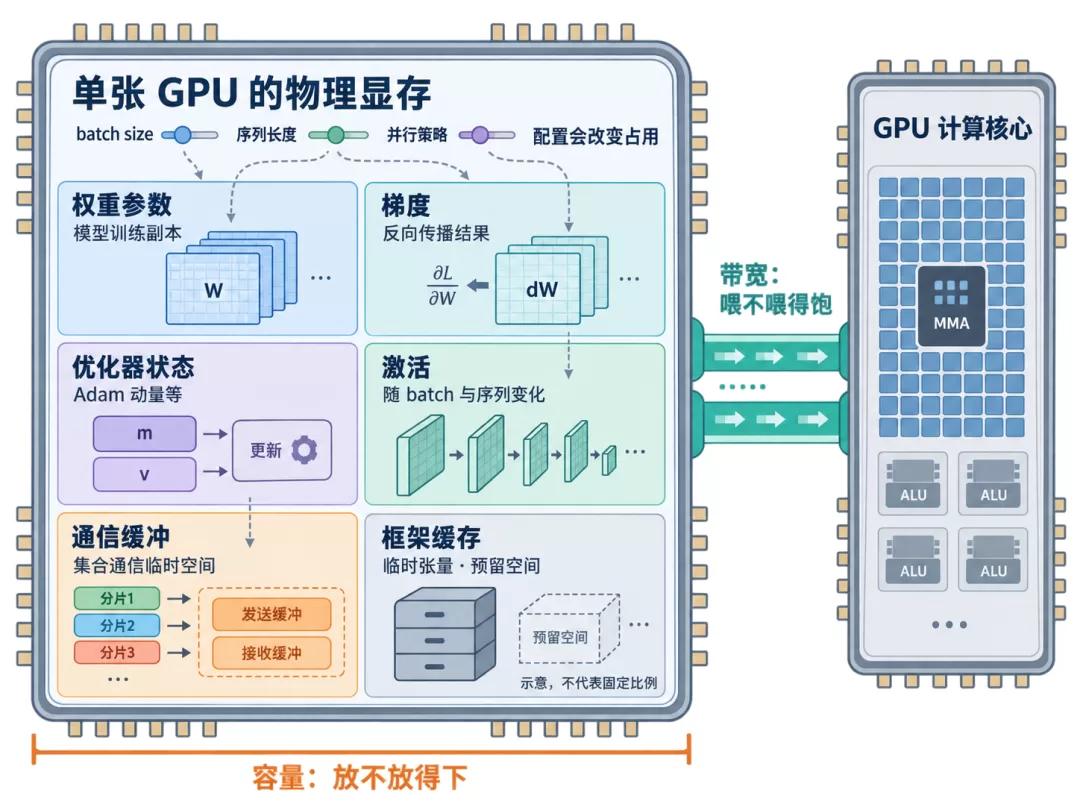 训练显存占用组成:参数、梯度、优化器状态、激活值等